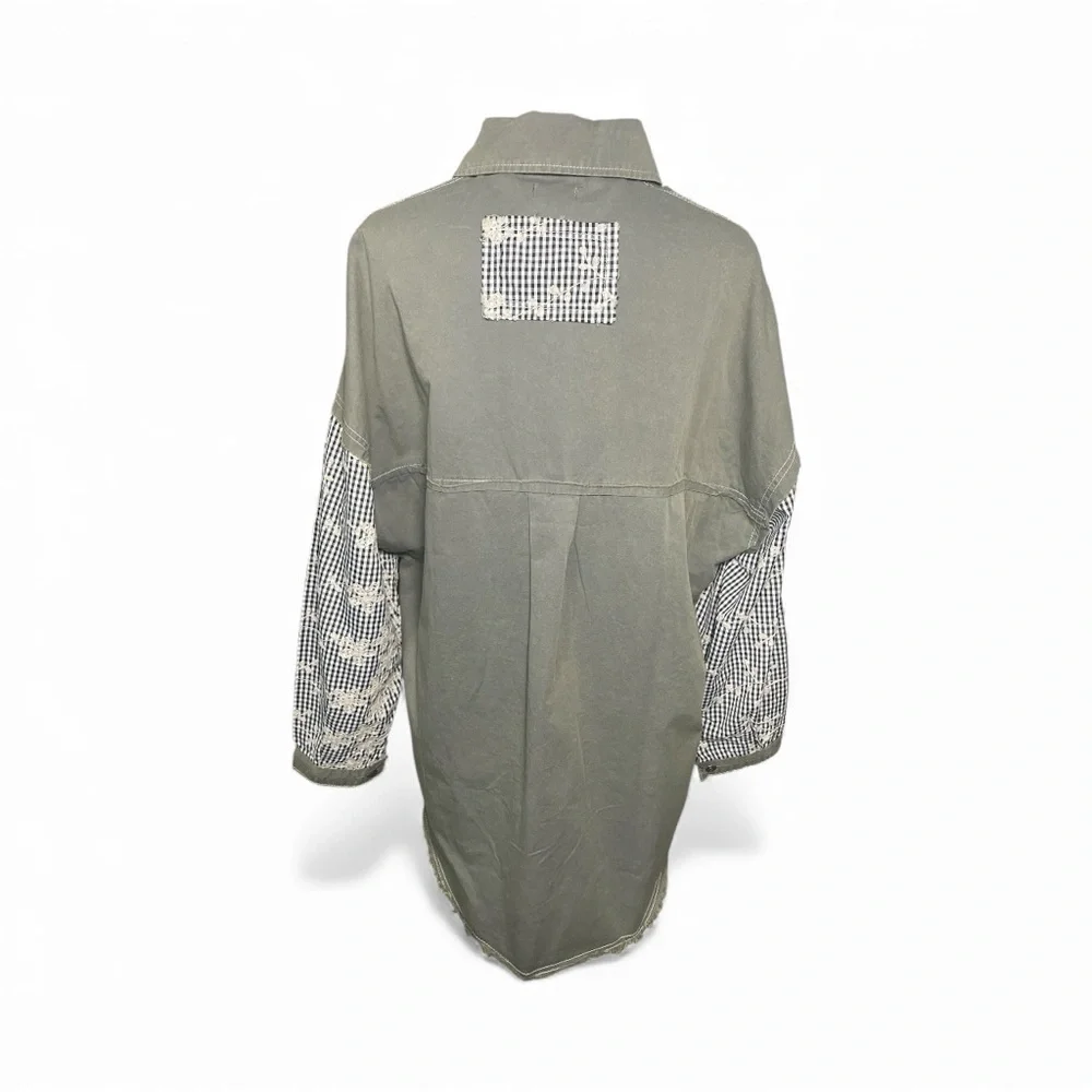 POL Oversized Patchwork Gingham Embroidered Sleeve 100% Cotton Shacket - Picture 4 of 8